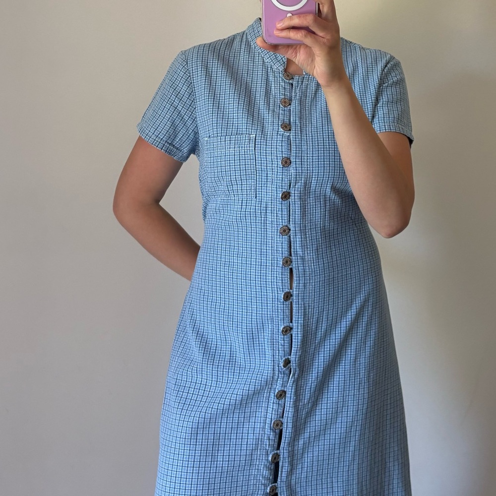 Vintage Button Down Slit Maxi Dress Blue Gingham Plaid Women’s Size 10 / Medium - Picture 10 of 10